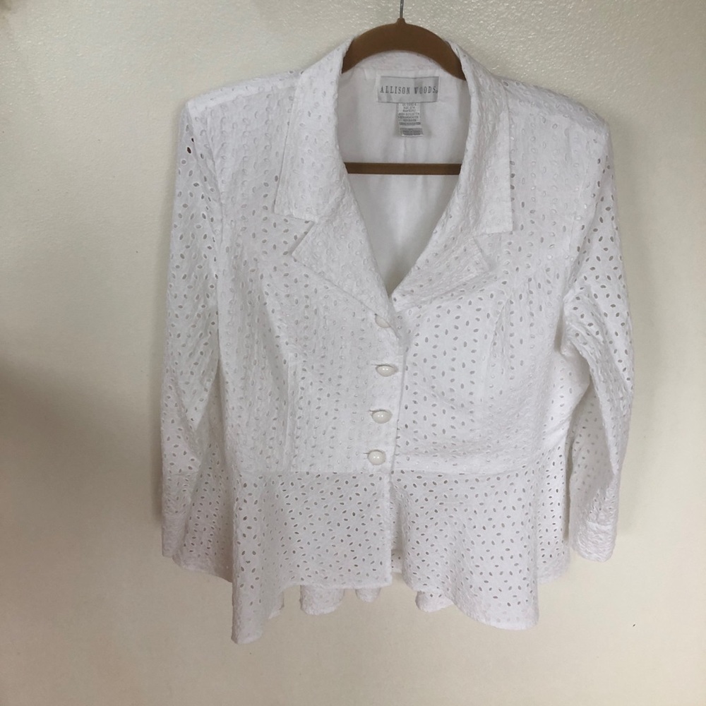 Allison Woods Embroidered Lace Peplum Skirt Suit.